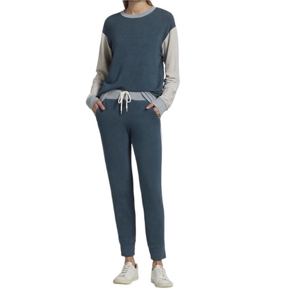 Monrow Women's‎ Long Sleeve Sweater Jogger Pant Set Colorblock Blue Small